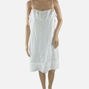 Ann Taylor LOFT White 100% Linen Ruffle Lined Spaghetti Strap Dress